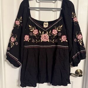 Savanna Jane Black Top with Pink Floral Embroidery